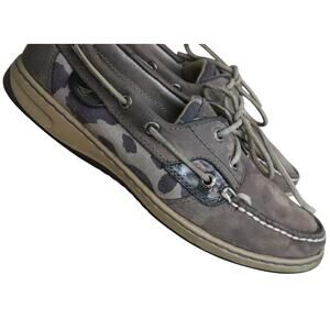 Sperry Top Sider 2 Eye Gray Leather Camo Animal Boat Shoes Womens 7.5 Lace Up
